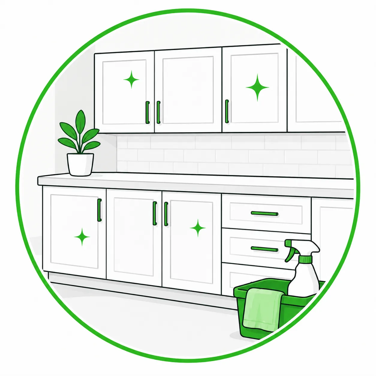 Illustration of a row of clean white kitchen cabinets with a spray bottle and cleaning caddy.