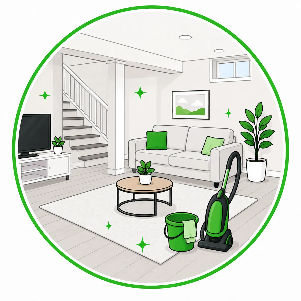 Illustration of a finished basement living area with a vacuum, bucket and cloth.
