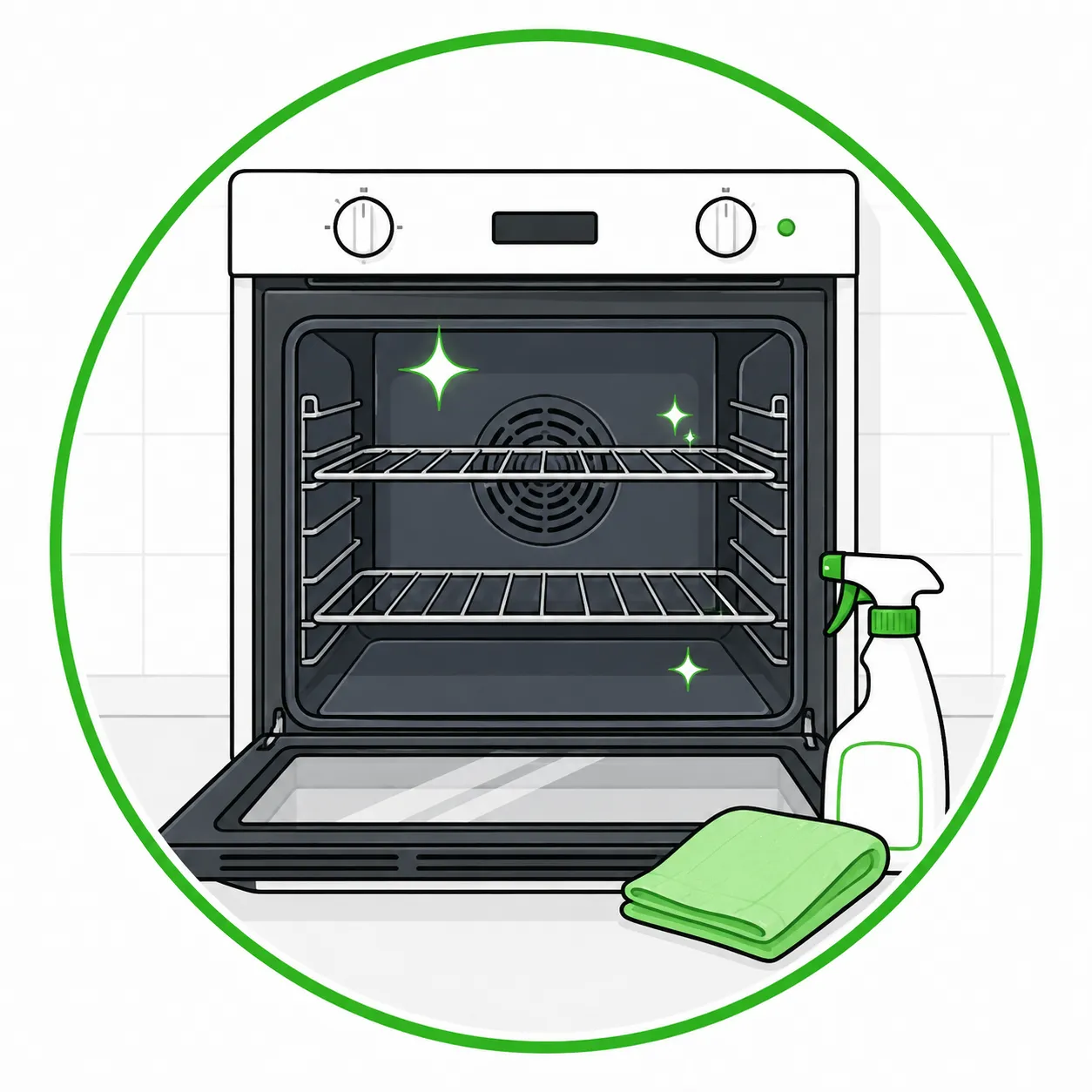 Illustration of an open oven with clean racks beside a spray bottle and folded cloth.