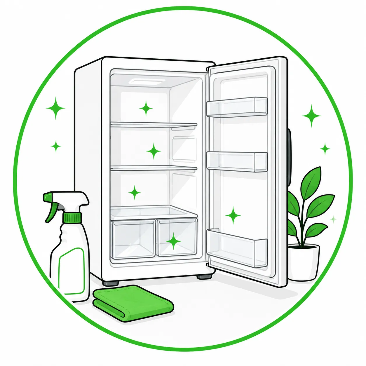 Illustration of an open, empty refrigerator with clean shelves beside a spray bottle and cloth.