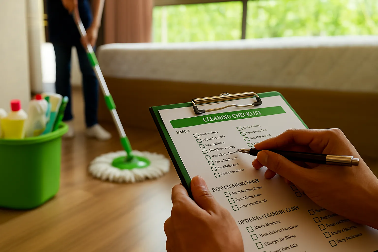 A hand ticking off a green Cleaning Checklist clipboard while a cleaner mops the floor behind, next to a caddy of cleaning products.