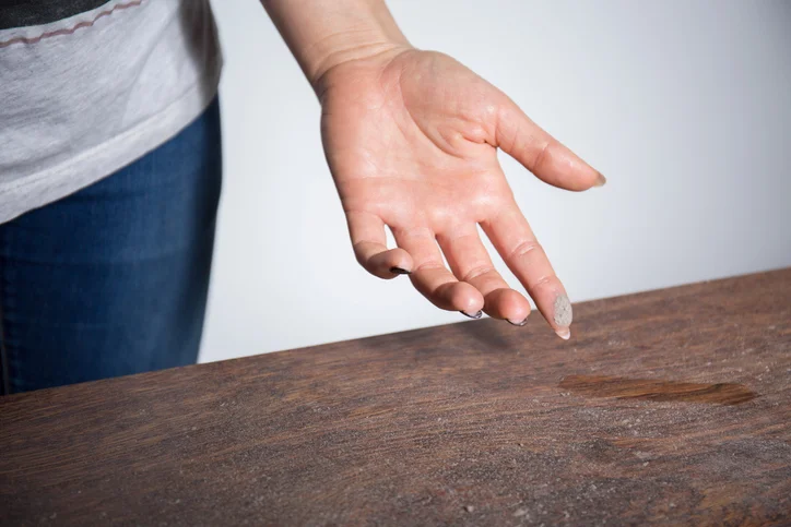 A hand lifting away from a wooden table top, a fingertip coated in dust and a clean streak left behind.