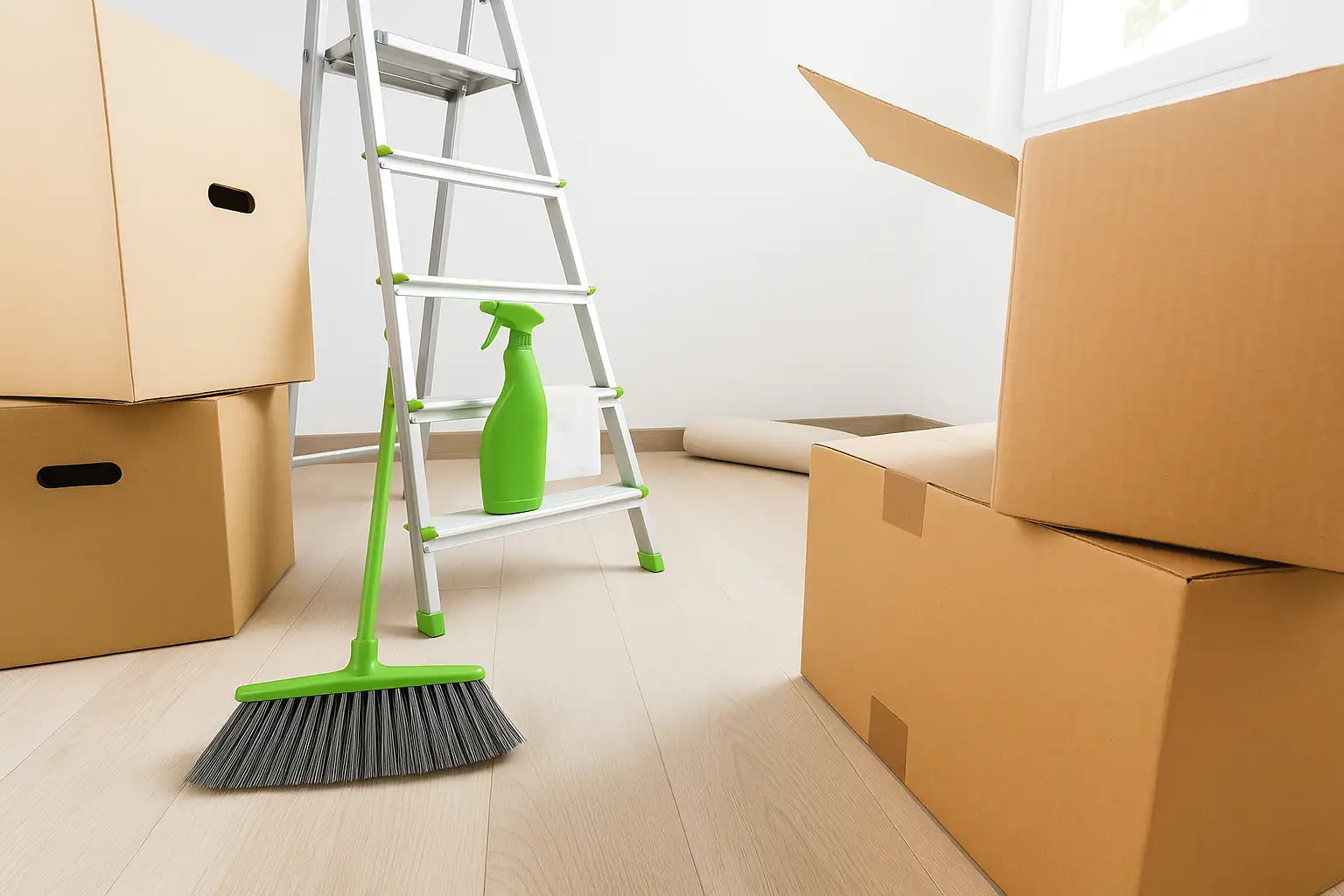 A green broom and spray bottle propped against a step ladder in an empty room surrounded by cardboard moving boxes.