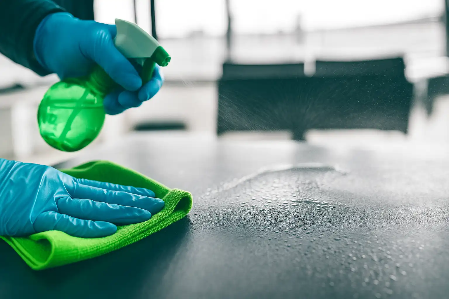 A cleaner in blue gloves spraying and wiping a dark tabletop with a green microfibre cloth.