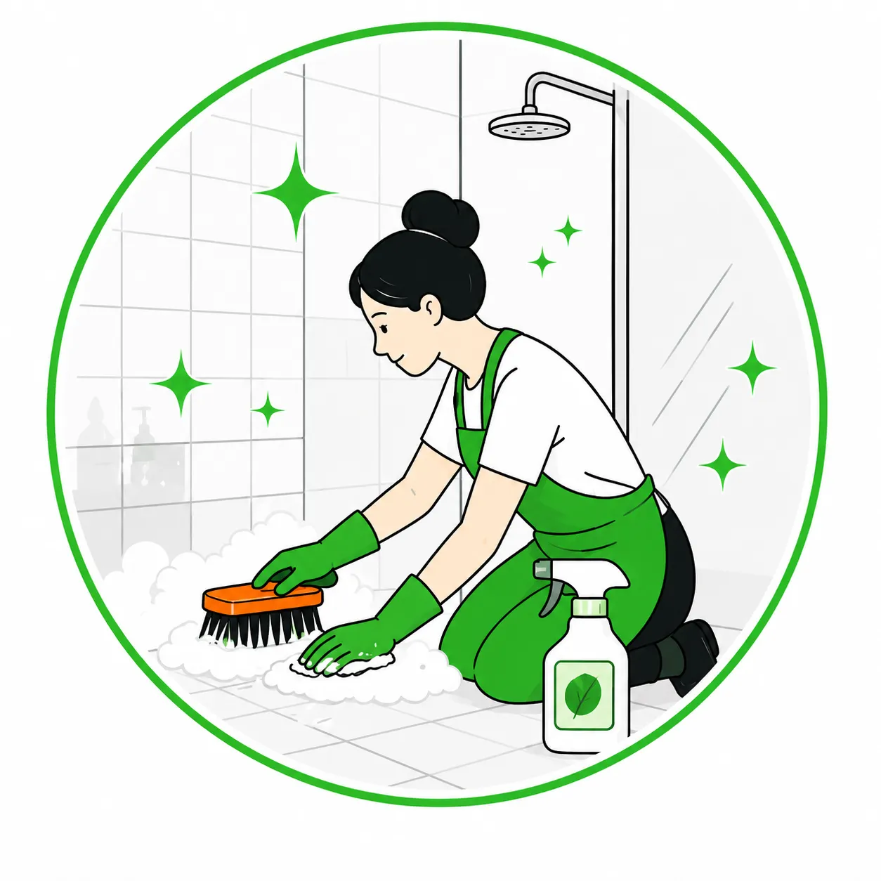 Illustration of a cleaner scrubbing a tiled shower floor with a brush and spray bottle.