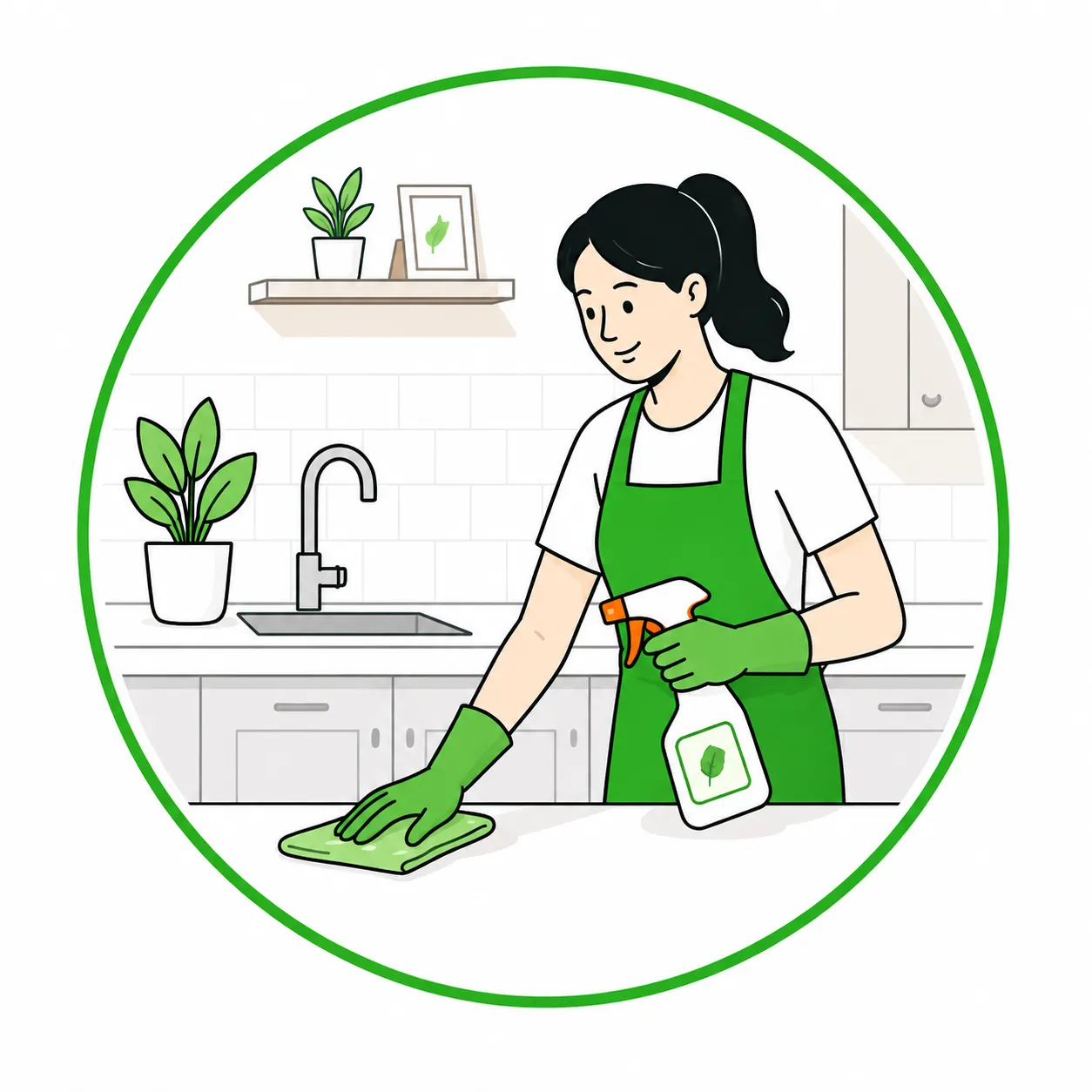 Illustration of a cleaner wiping a kitchen counter beside a sink and a caddy of cleaning products.