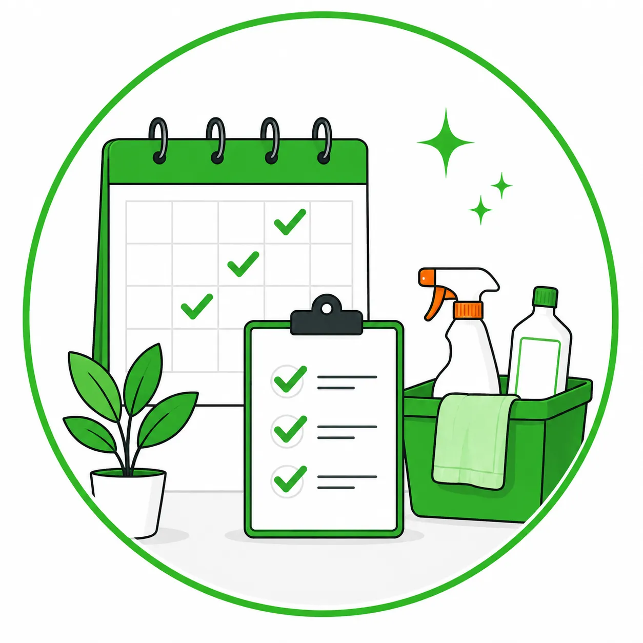 Illustration of a wall calendar with ticked dates beside a checklist and a caddy of cleaning supplies.