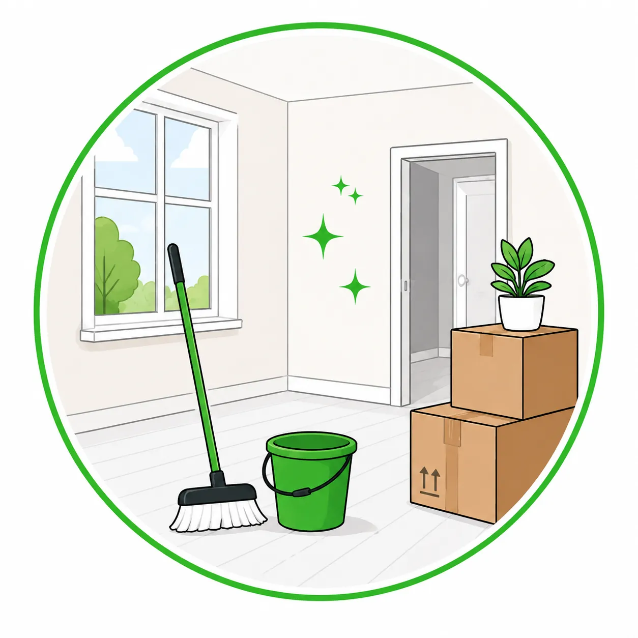 Illustration of an empty room with a broom, bucket and stacked moving boxes.