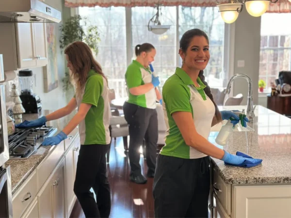 Dusting Crew team members cleaning a home