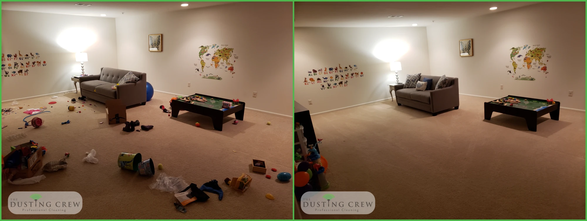 Side-by-side before and after of a household surface cleaned by The Dusting Crew.