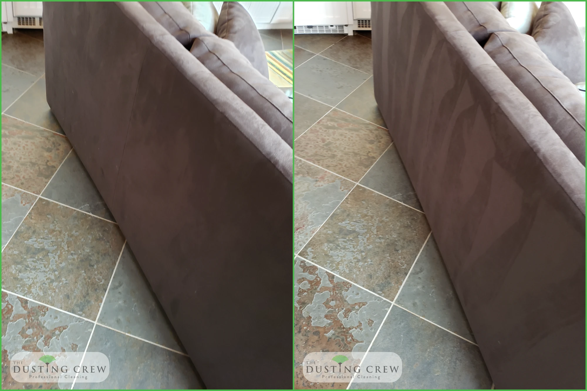 Before and after cleaning: a cluttered, dusty room transformed into a tidy, spotless space.