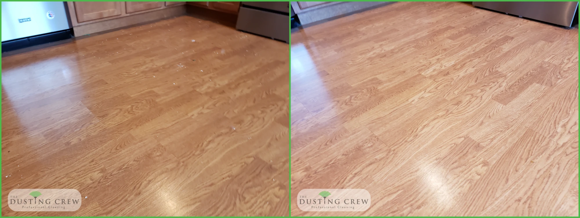 Side-by-side before and after of a household surface cleaned by The Dusting Crew.