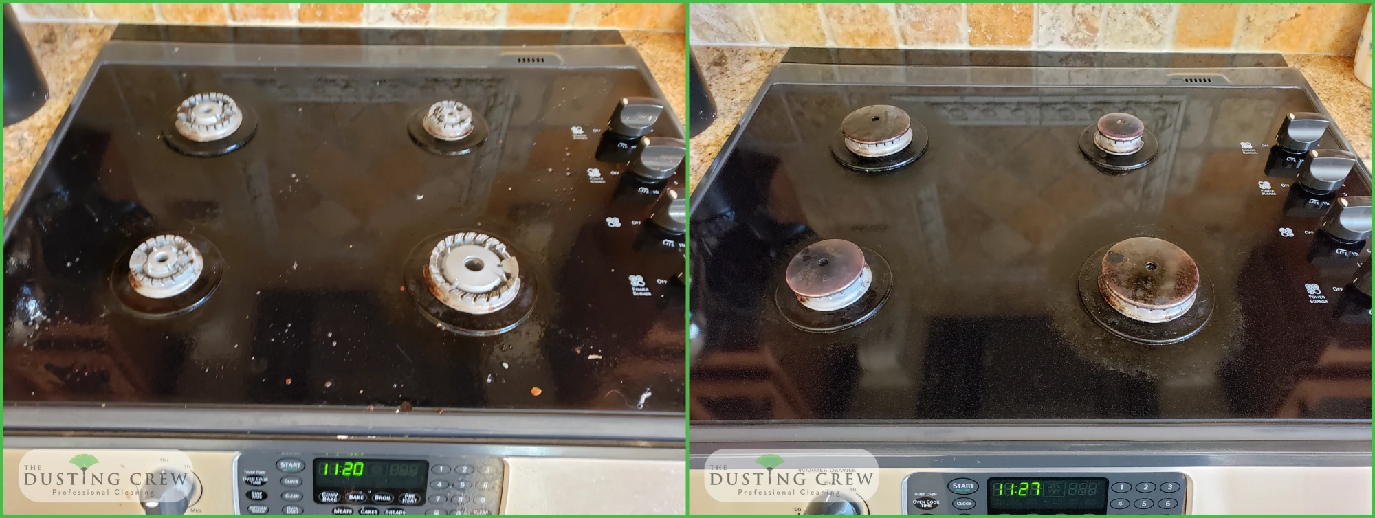 Side-by-side before and after of a household surface cleaned by The Dusting Crew.