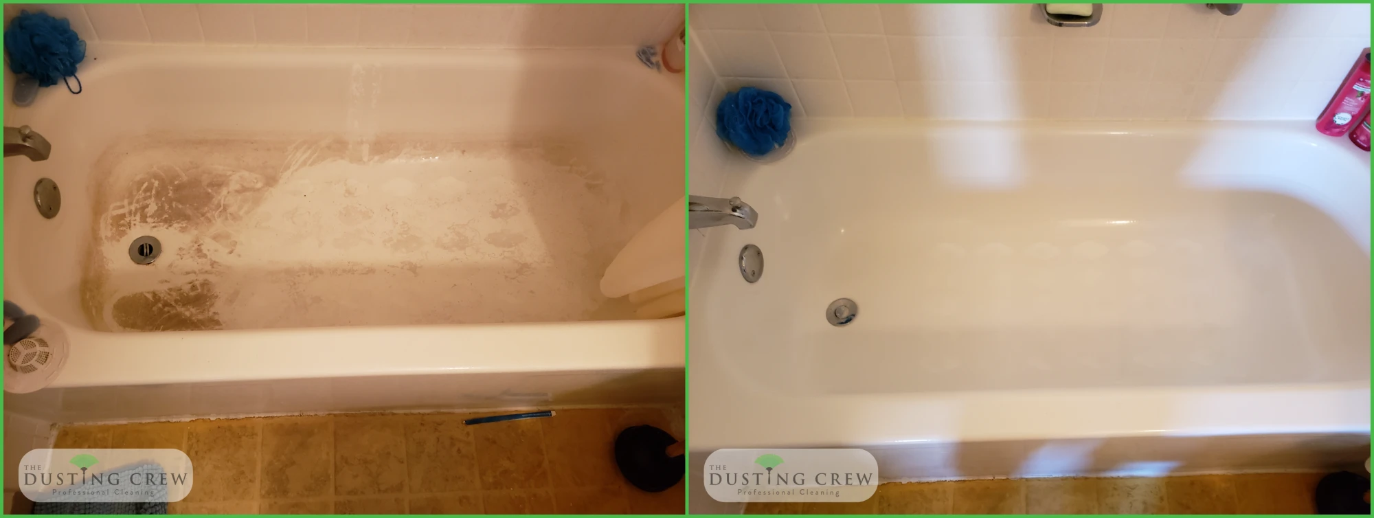 Side-by-side before and after of a household surface cleaned by The Dusting Crew.