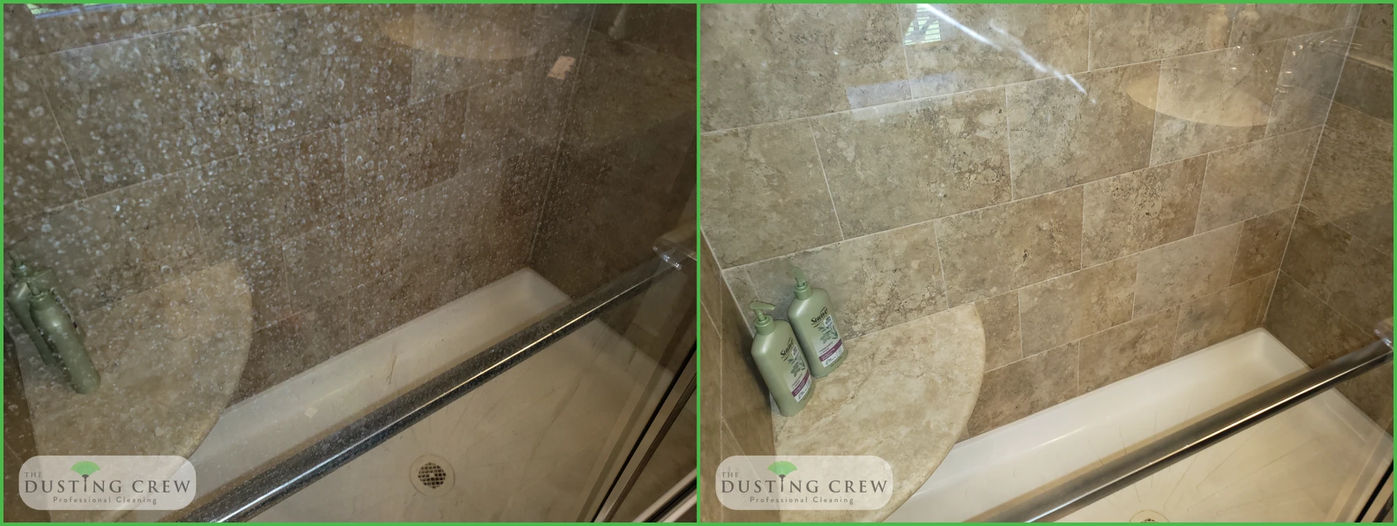 Side-by-side before and after of a household surface cleaned by The Dusting Crew.